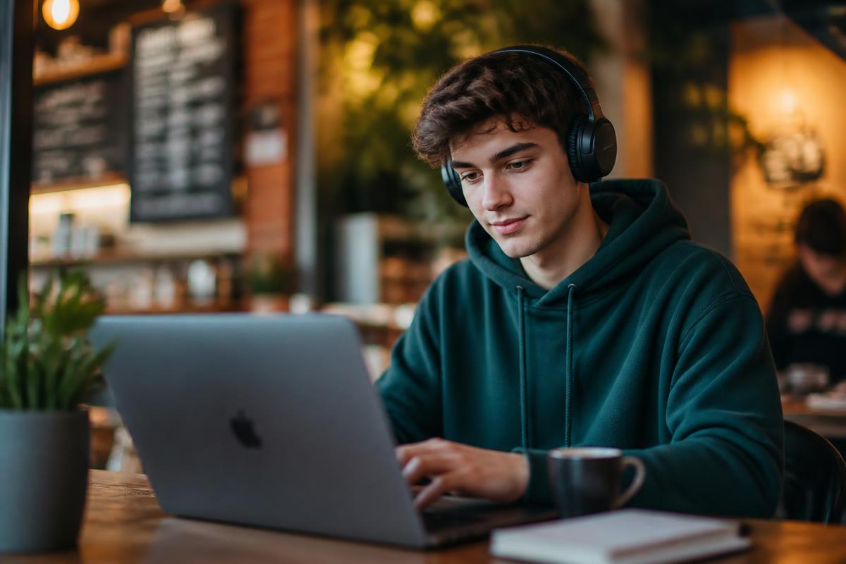 Personne ordinaire avec un casque et un ordinateur dans un café