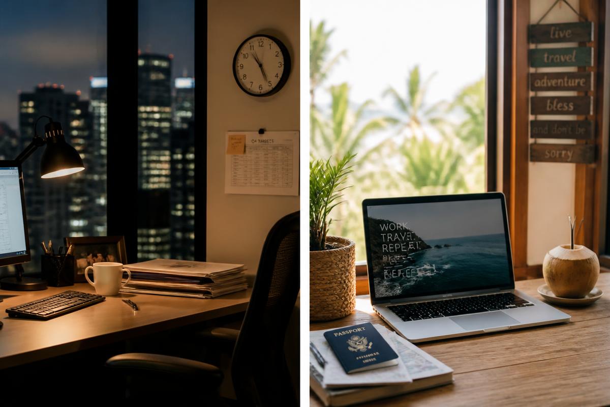 Comparaison entre un bureau de salarié le soir et un espace de travail nomade en journée