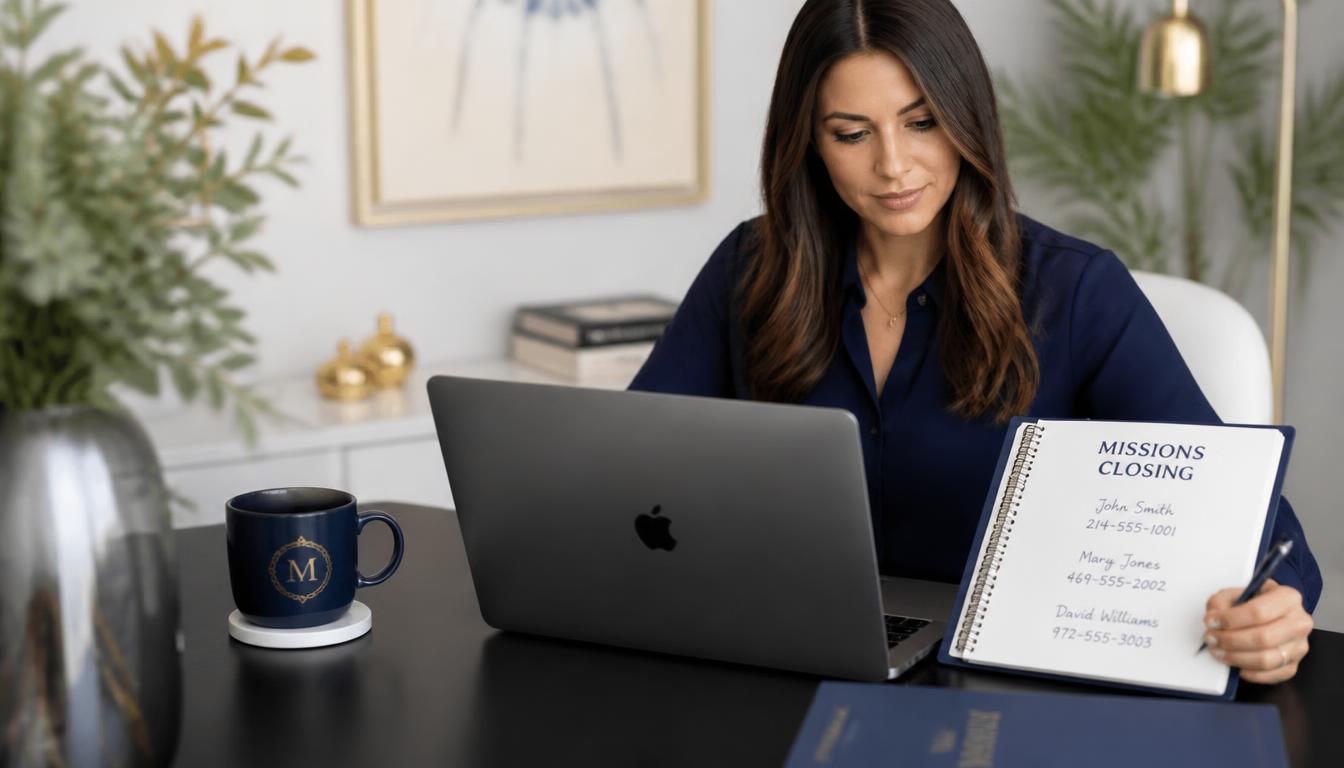 Personne organisant ses missions de closing sur un laptop avec un carnet de contacts