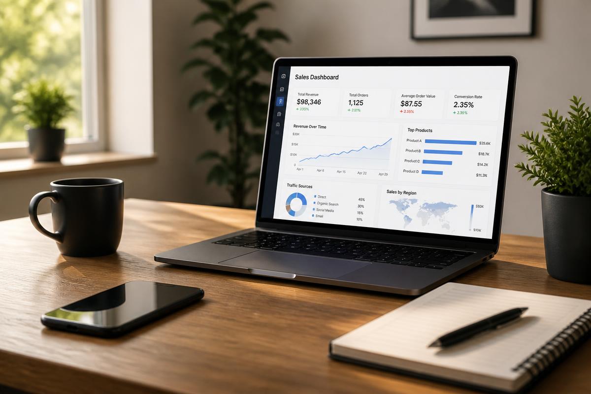 Bureau minimaliste avec un téléphone et un écran de statistiques de vente
